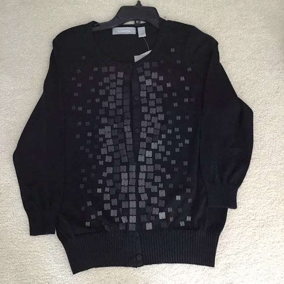 Vintage Liz Claiborne Black Cardigan With Silver Square sequence PL - Picture 7 of 10